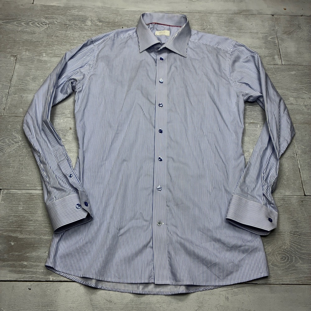 Eton Dress Shirt Mens 46 18 Blue White Stripe Contemporary Fit Cotton Business